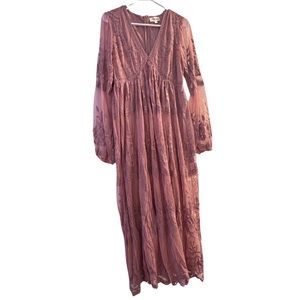 Mauve Lace Mesh Overlay Long Sleeve Maternity Maxi Dress